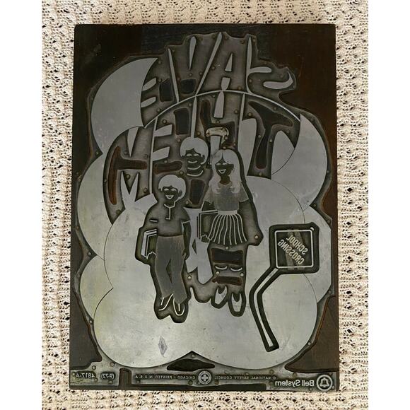 1972 Bell System Save Them Printing Plate School Crossing Safety Phone Wall Sign